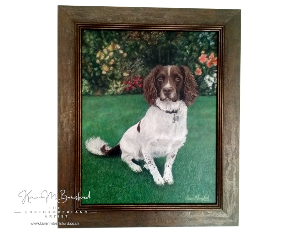 Acrylic painting of a Springer Spaniel in a brown wooden frame