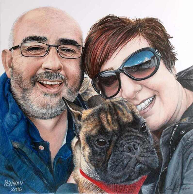 A coloured pencil drawing of a couple and their French Bulldog