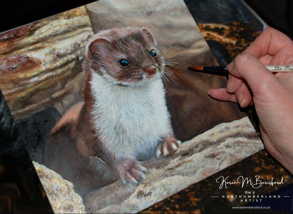 Adding the fine detail to an acrylic painting of a Weasel