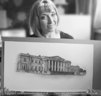 Artist Karen M Berisford holding her Graphite pencil portrait of Wynyard Hall