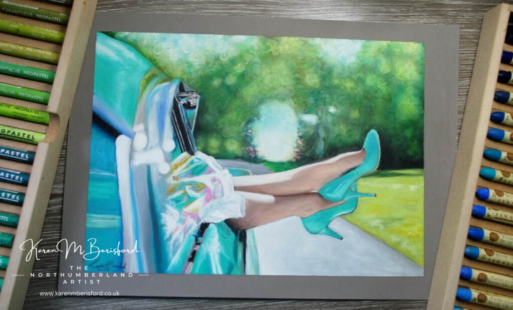 Oil pastel painting of a green 1955 Chevrolet and a lady wearing mint green high heels hanging out of the car window on a summers day - Caran dache Neopastels and Sennelier oil pastels