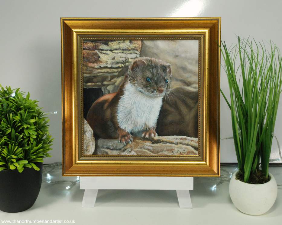 Acrylic painting of a weasel in a gold frame