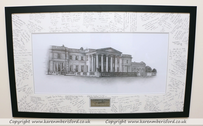 Wynyard Hall graphite portrait with a black frame and wedding guest signatures added to the mount