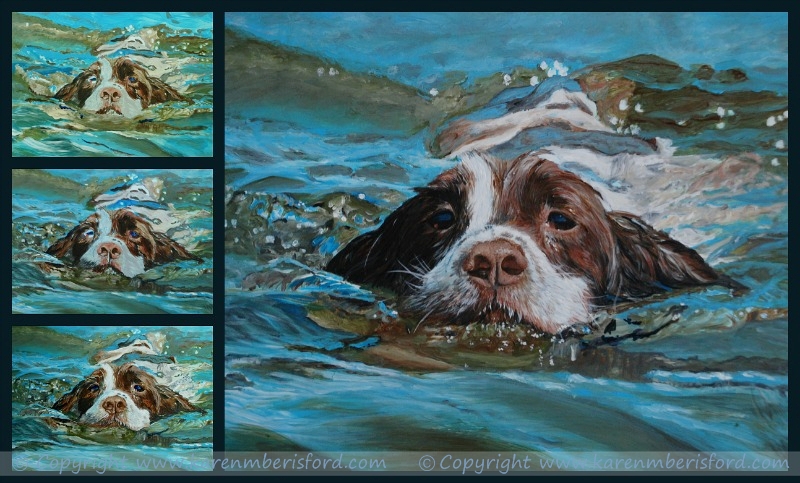 Acrylic painting of a springer spaniel in water