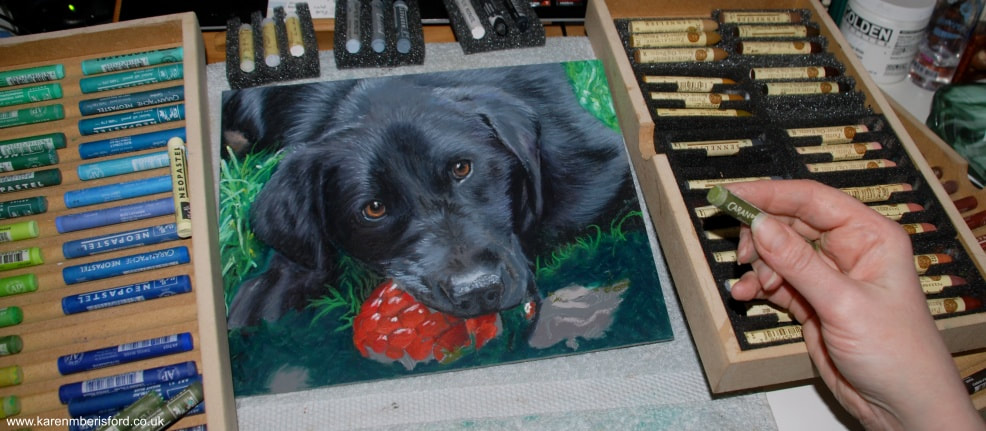 Progressing on a black Labrador oil pastel painting using Sennelier and Caran d'Ache Neopastel oil pastels