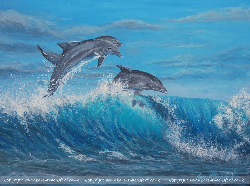 Leaping Dolphins in a blue, azure wave painted in Acrylics on Ampersand Gessobord