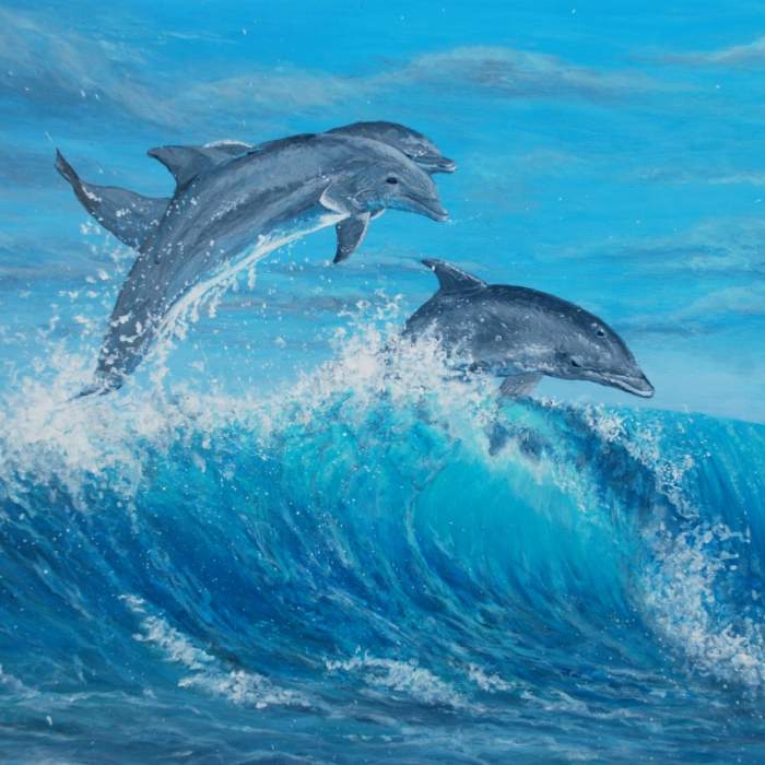 Dolphins leaping acrylic painting