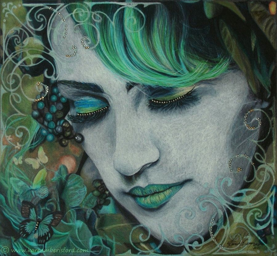 Green haired wood nymph coloured pencil drawing for the American colored pencil magazine