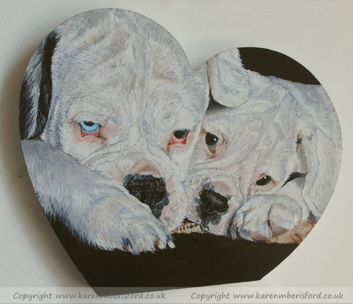 2 White Boxers Silas & Sprout painted in Acrylics on a heart shape MDF