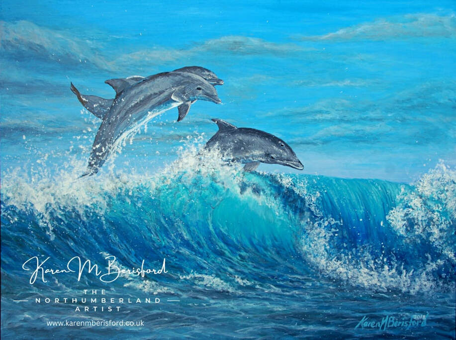 Acrylic painting of three bottlenosed dolphins leaping above the waves