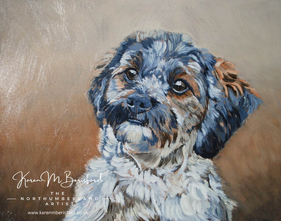 Building up the early layers of an acrylic painting of a Shipoo dog