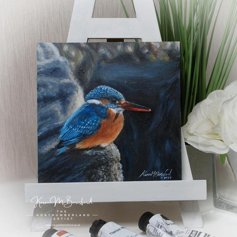 Acrylic painting of a female Kingfisher on a rock at Newbiggin by the Sea, Northumberland, UK