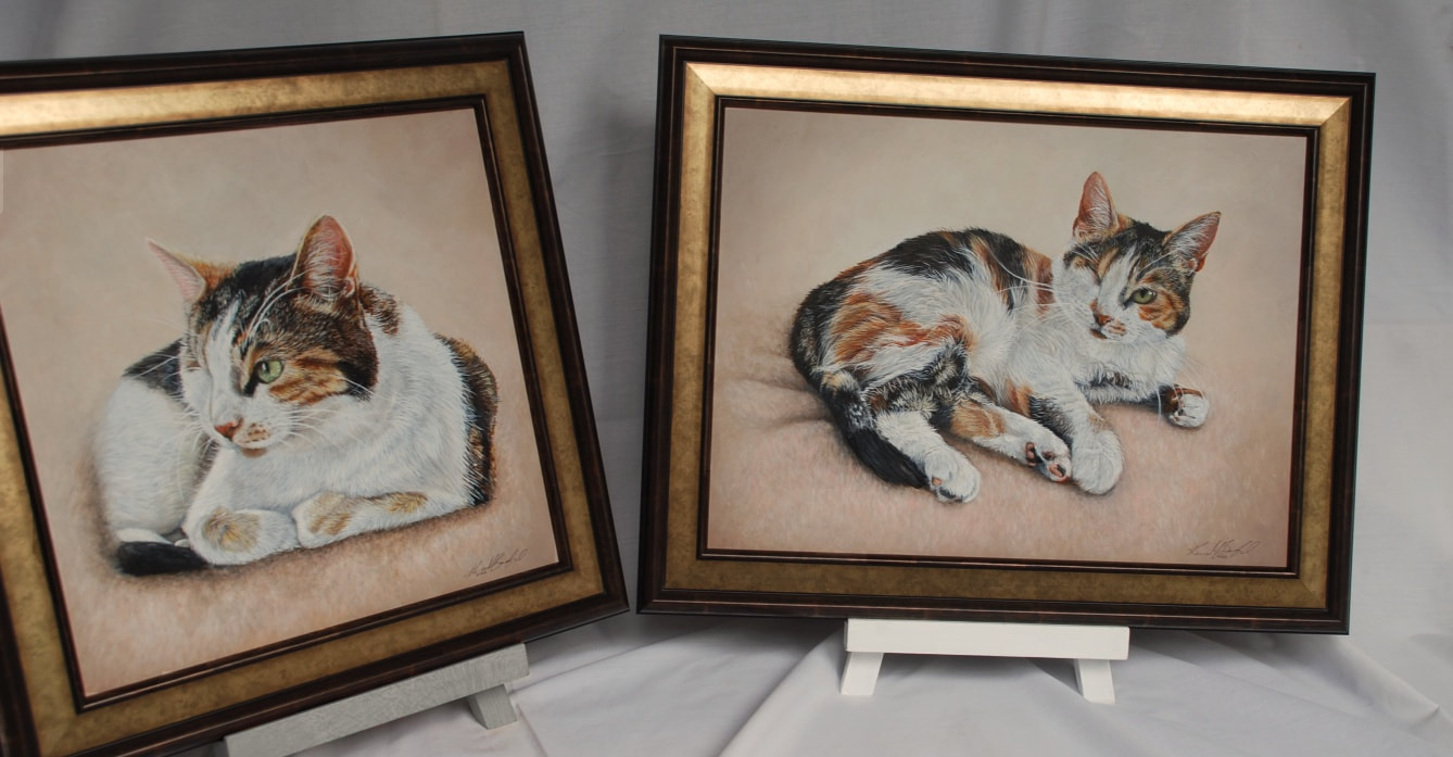 Two acrylic paintings of Mindy, a calico shorthaired cat in a bronze frame