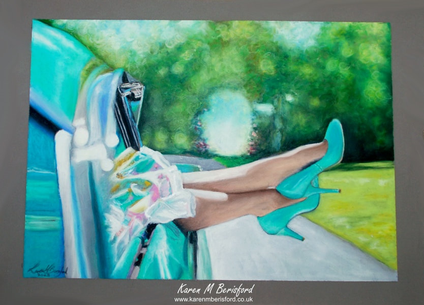 Finished portrait of an oil pastel painting of a green two-tone 1956 Mercury Montclair car and green high-heels