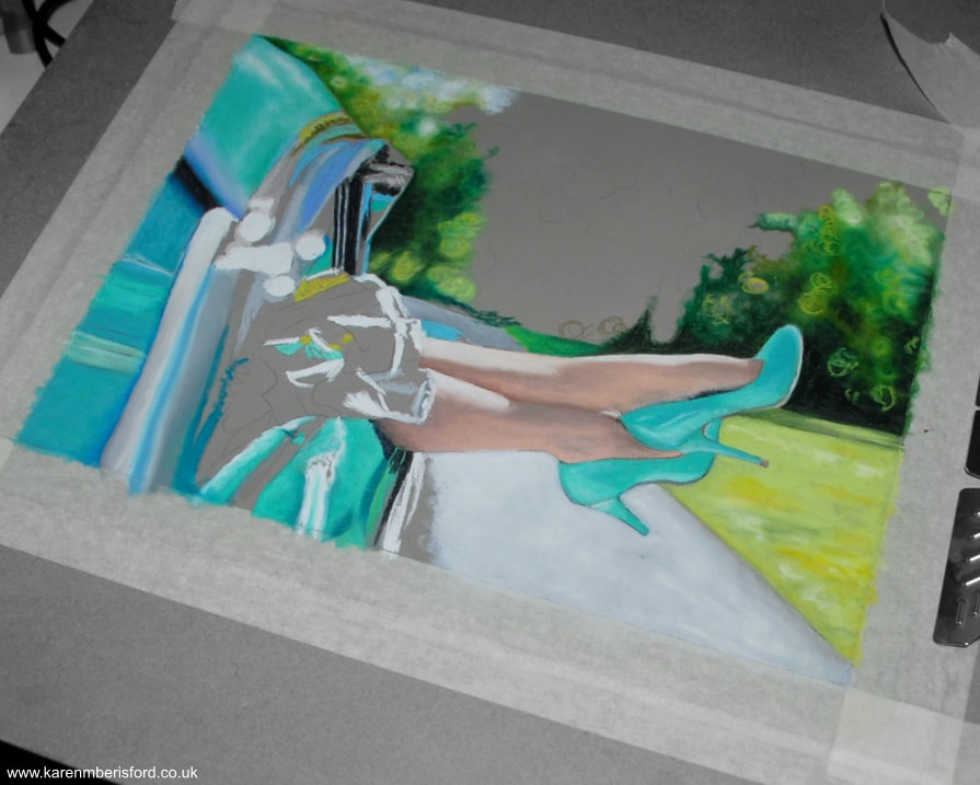 Progress of an oil pastel painting of a green two-tone 1956 Mercury Montclair car and green high-heels