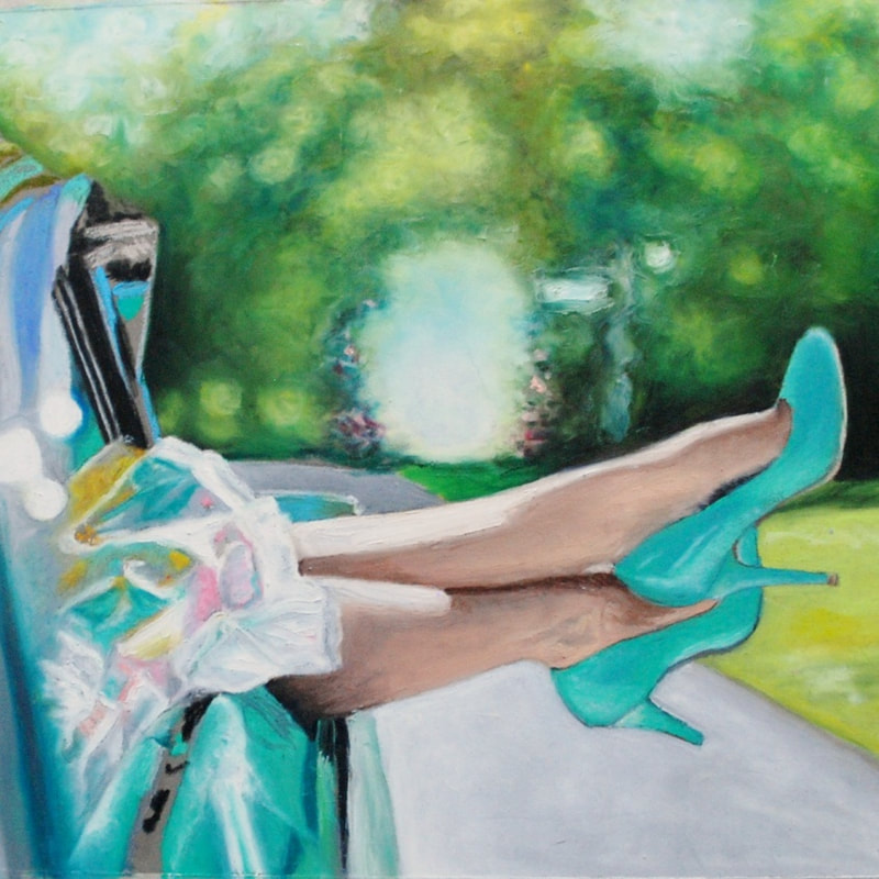 Mint green heels and green Mercury Montclair oil pastel painting