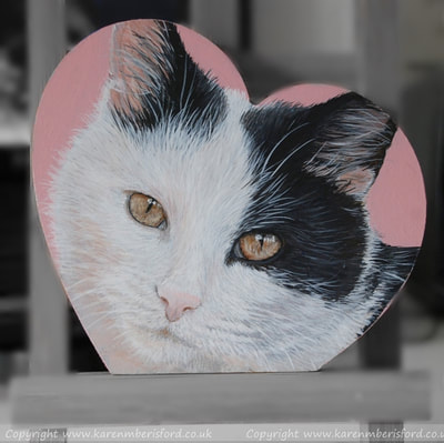 Black & white shorthaired cat heart shaped acrylic painting