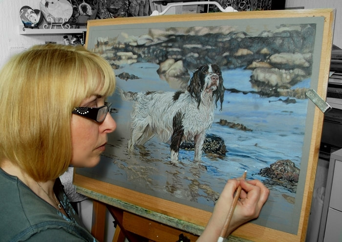artist Karen in the studio drawing a Springer Spaniel dog in Coloured pencils