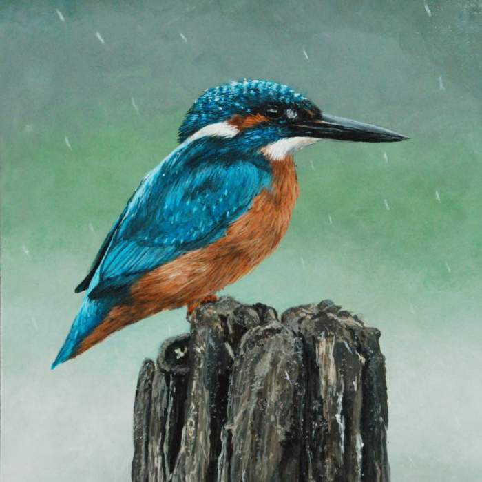Kingfisher bird on a wooden stump in the rain - acrylic painting