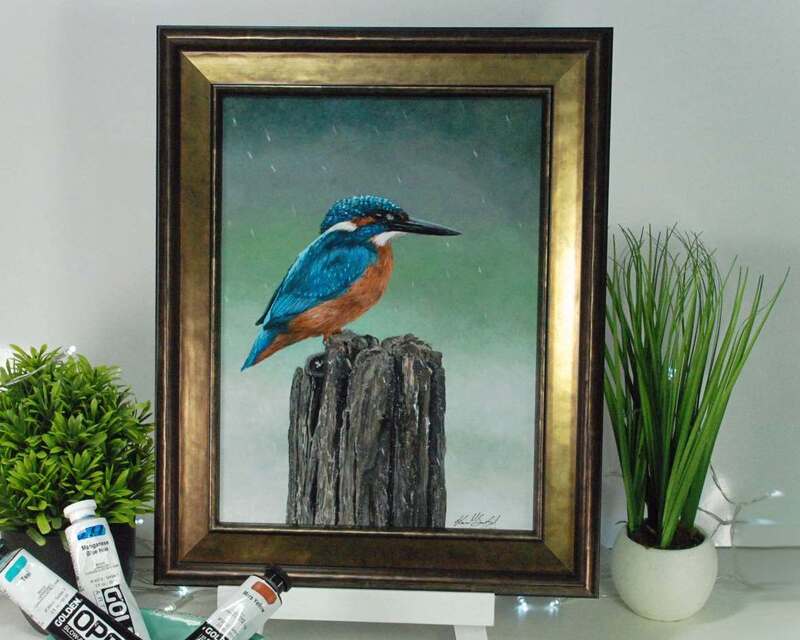 Acrylic painting of a male Kingfisher in a bronze tone frame