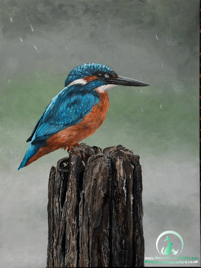 Kingfisher bird on a wooden stump in the rain - acrylic painting on ampersand gessobord