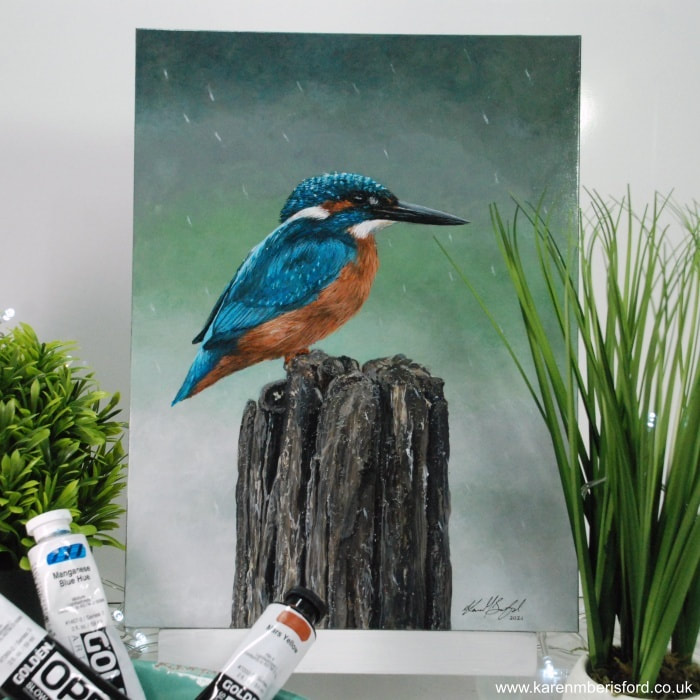 Acrylic painting of a Kingfisher on a wooden post
