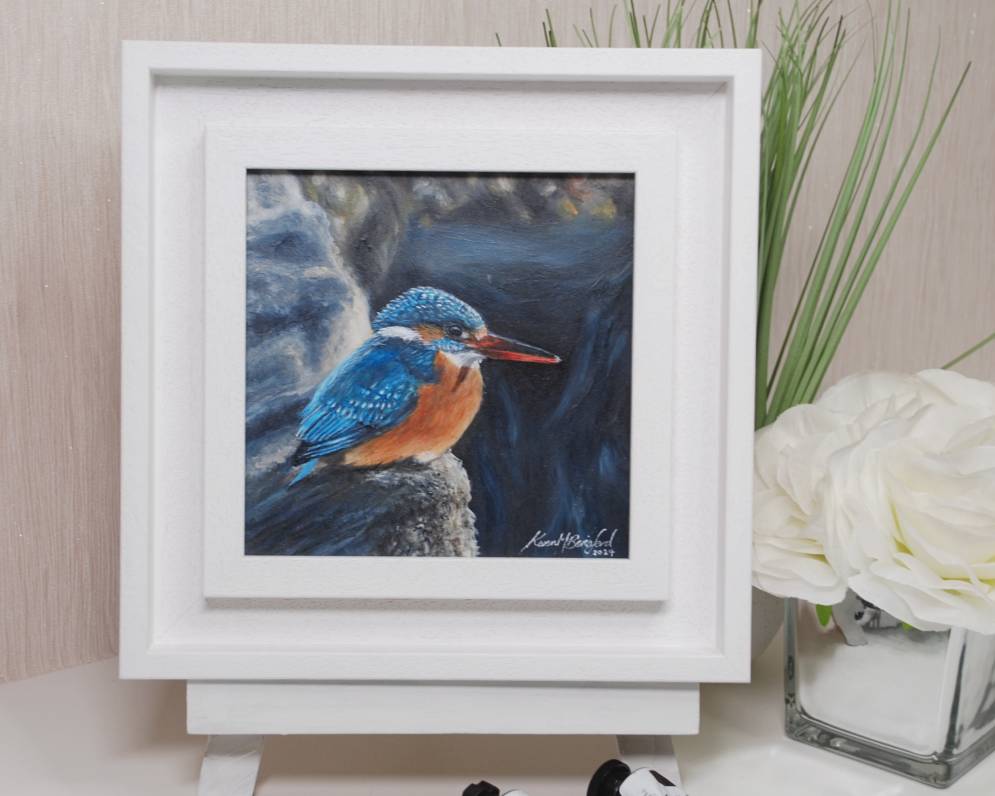 Female Kingfisher acrylic painting in a white cassatta frame