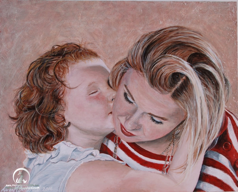 Acrylic painting depicting a mum and her daughter sharing a hug