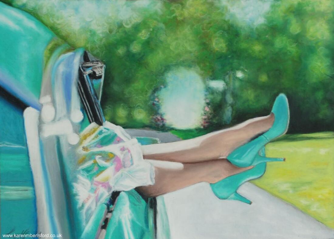 Green shoes and Green 1956 Mercury Montclair oil pastel painting on Pastelmat