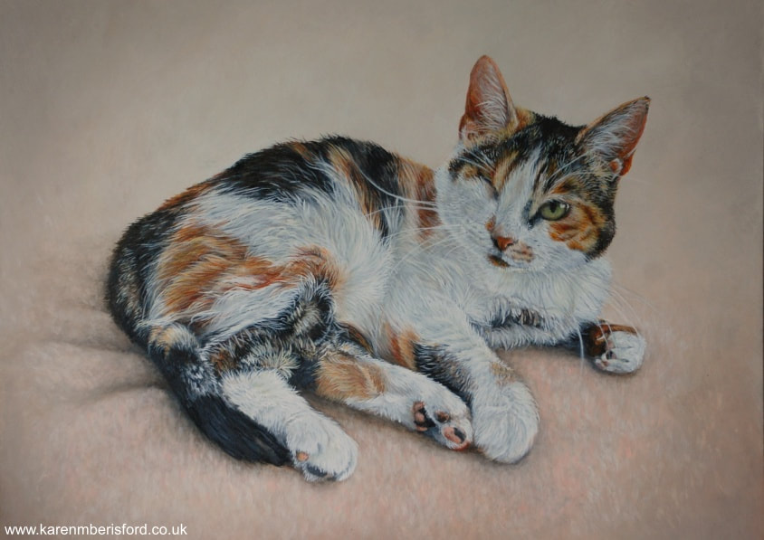 Acrylic painting of Mindy, a calico shorthaired cat