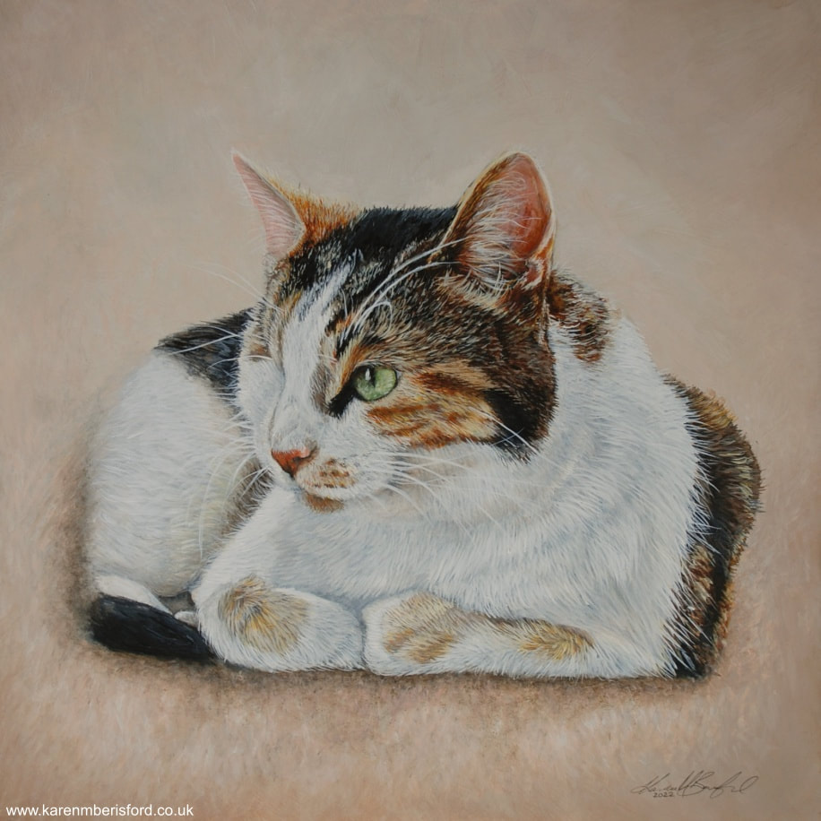 An acrylic painting of Mindy, a calico shorthaired cat
