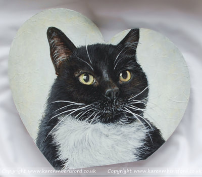 Black & white shorthaired cat heart shaped acrylic painting