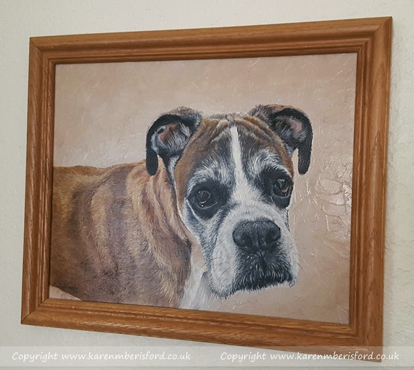 Boxer dog acrylic painting in a teak coloured frame