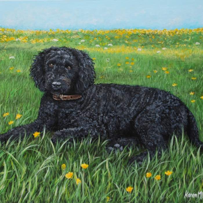 Acrylic painting of a black Labradoodle dog