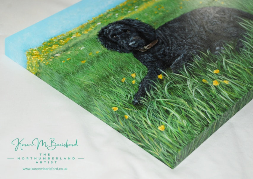Oscar the black Labradoodle dog acrylic painting on 22mm Ampersand Gessobord with painted edges
