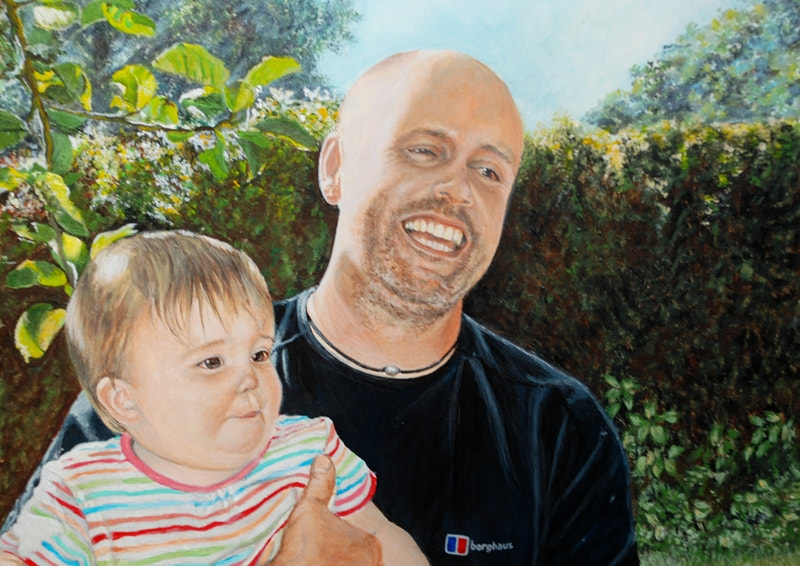 Acrylic painting of a baby and uncle in a garden