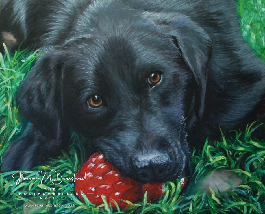 Oil pastel painting of a Black Labrador dog called Haze and his squeaky raspberry dog toy