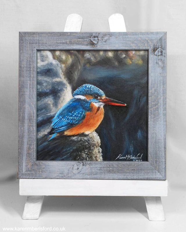 Acrylic painting of a female Kingfisher in a blue-grey wash-effect frame