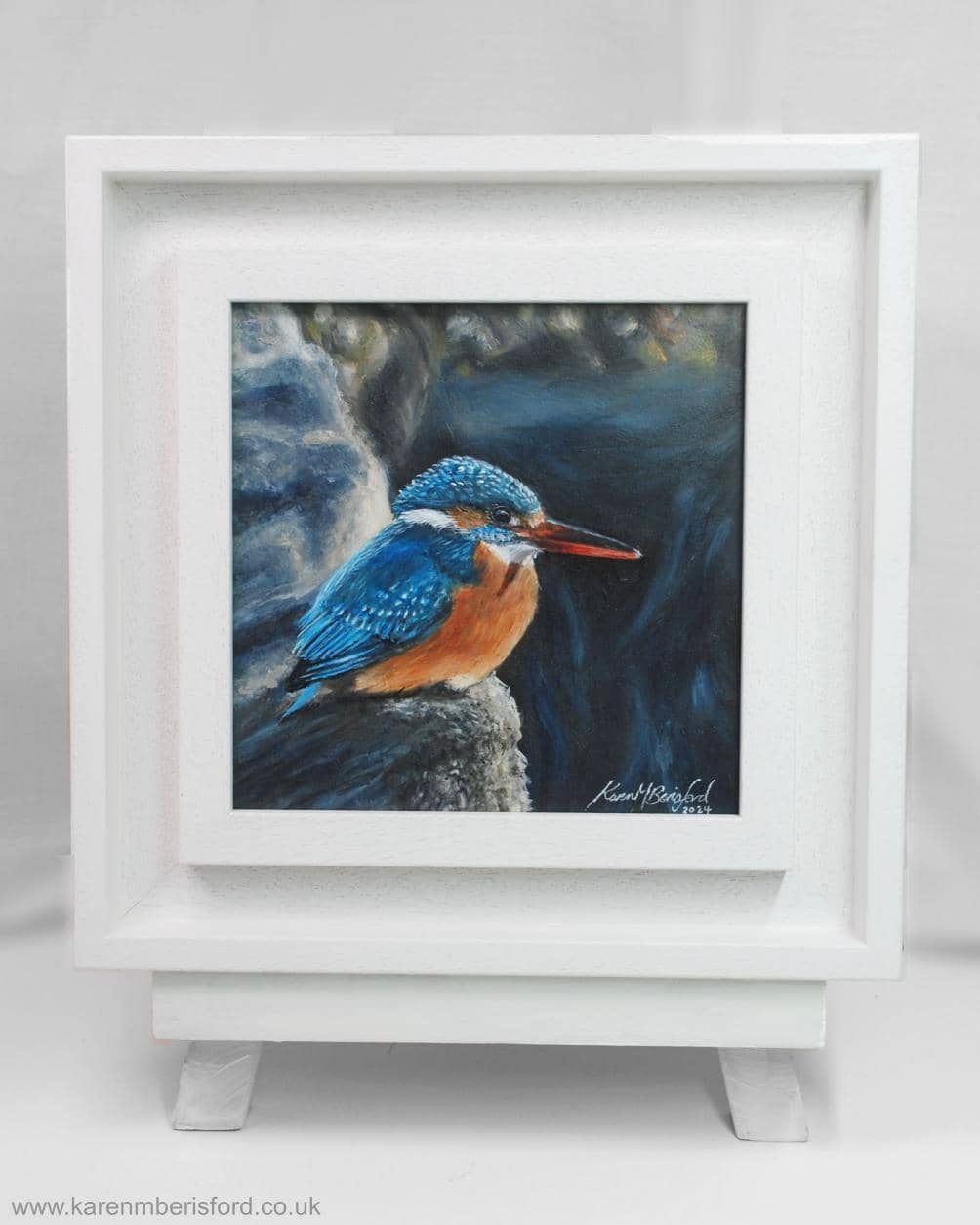 Acrylic painting in a white box frame depicting a female Kingfisher at Newbiggin by the Sea, Northumberland