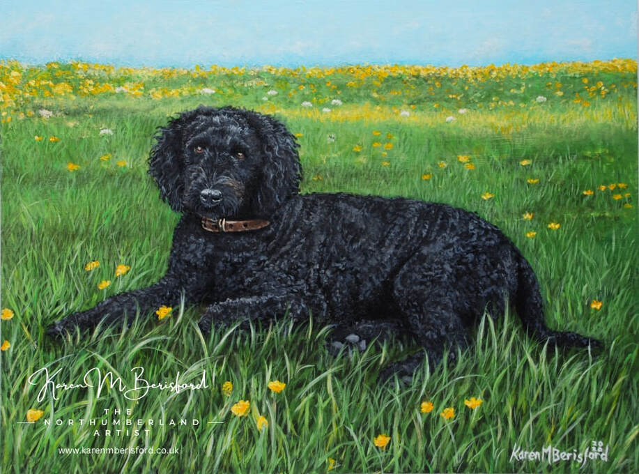 Acrylic painting of a black Labradoodle dog