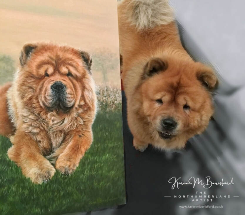 Chow Chow acrylic painting next to Star the Chow Chow dog