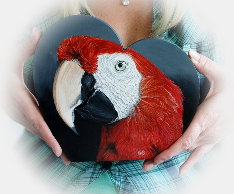 Scarlet Macaw acrylic painting on an MDF shaped heart