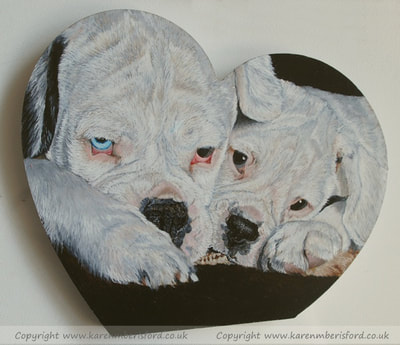 White boxer dog and puppy heart shaped acrylic painting