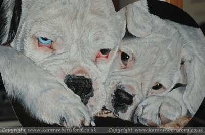 White boxer dog and white boxer pup painted in acrylics