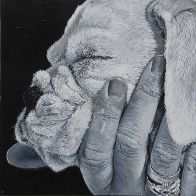 acrylic painting of a female white boxer pup