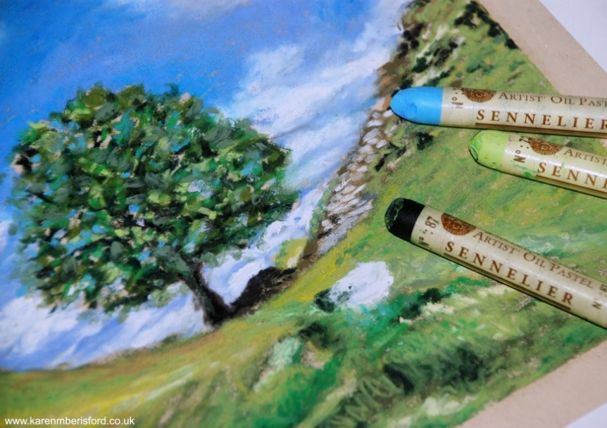 Sennelier oil pastels on Fisher400 paper and The Sycamore Gap tree pastel painting