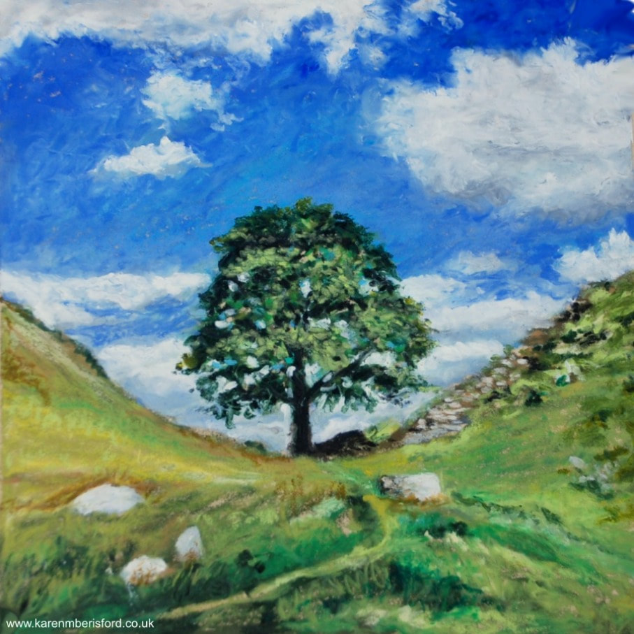 Oil pastel painting of the Sycamore Gap in Northumberland, UK