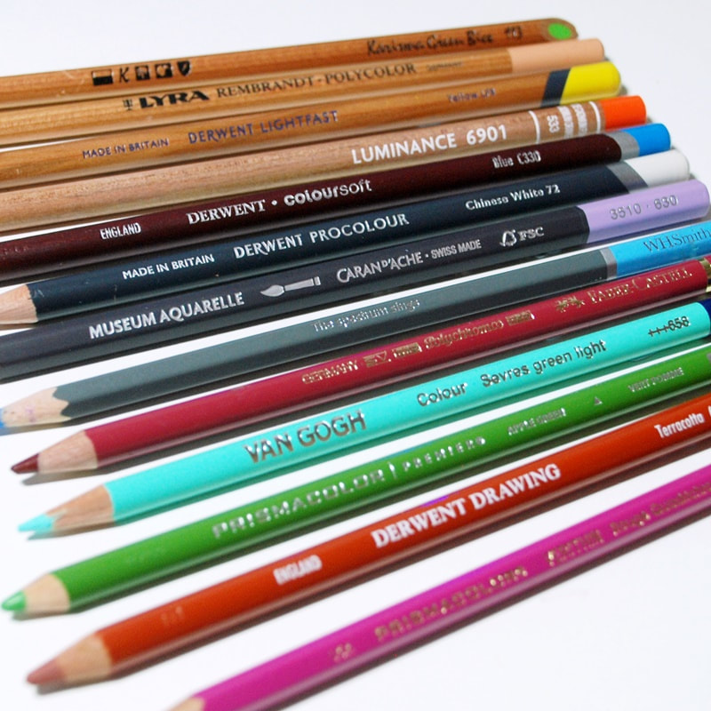 Coloured pencil brands - Caran d'Ache, Derwent, Lyra,  Karismacolor, Prismacolor, Van Gogh
