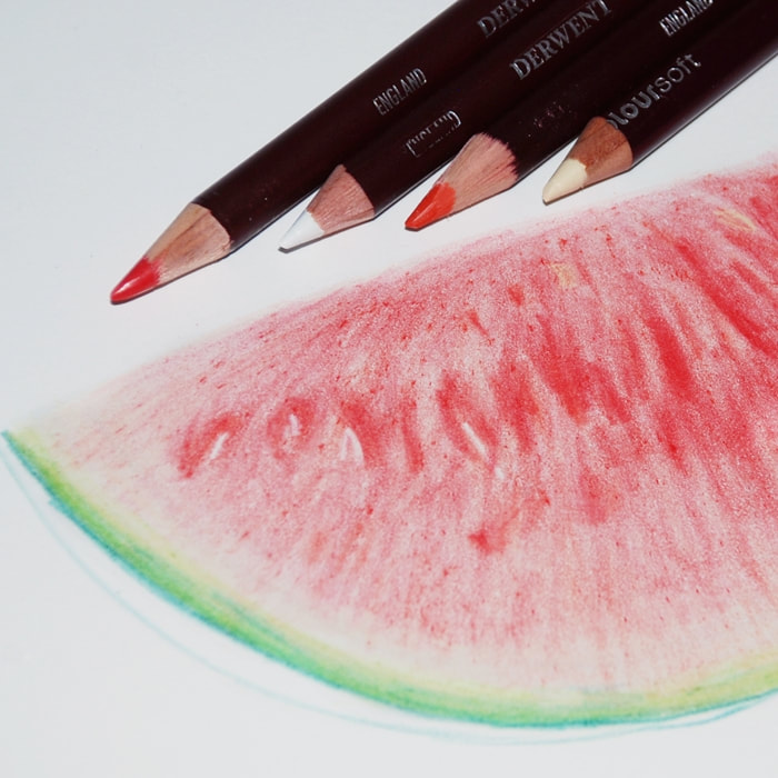 Watermelon in coloured pencils using Derwent Coloursoft