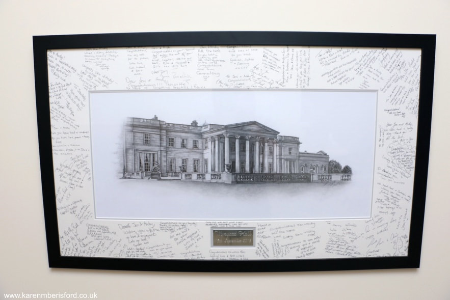 Wynyard Hall Graphite Artwork created for a couple's wedding day and framed in a shiny black frame with a silver plaque